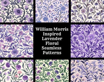 May include: A set of 9 seamless floral patterns inspired by William Morris, featuring lavender flowers in various shades of purple on a white background.  The text "William Morris Inspired Lavender Floral Seamless Patterns" is displayed in the center of the image.