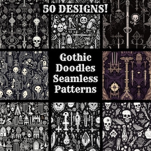 May include: A collage of nine black and white gothic doodle seamless patterns. The patterns feature skulls, crosses, candles, and other gothic imagery. The text "Gothic Doodles Seamless Patterns" is in the center of the collage.