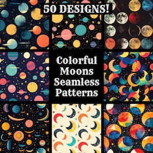 Colorful Moons Seamless Digital Paper, Colorful Moons Printable Scrapbook Paper Seamless Textures, Colorful Moons Digital Instant Download