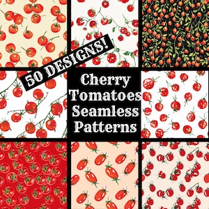 Op de afbeelding: Een set van 10 digitale naadloze patronen met rode cherrytomaten op verschillende achtergronden, waaronder wit, zwart en beige. De patronen zijn perfect voor het maken van digitale of gedrukte ontwerpen voor stoffen, behang of inpakpapier. De tekst "50 DESIGNS! Cherry Tomatoes Seamless Patterns" wordt in het midden van de afbeelding weergegeven.