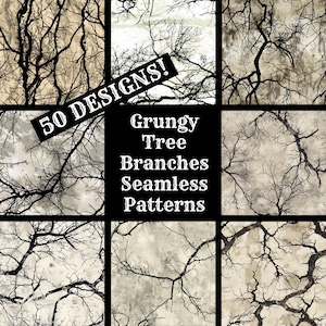 Peut inclure: Un collage de six images montrant différents motifs de branches d'arbres nues sur un fond brun clair. Le texte "50 DESIGNS!" et "Grungy Tree Branches Seamless Patterns" est affiché dans une boîte noire.