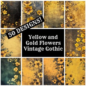 Vintage Gothic Journal Paper: Yellow Gold Flowers, Printable Scrapbook (Digital Download)