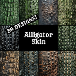 Puede incluir: Un collage de 10 patrones diferentes de piel de caimán en varios tonos de verde, marrón y negro. El texto "50 DESIGNS! Alligator Skin" se muestra en letras blancas sobre un fondo negro.