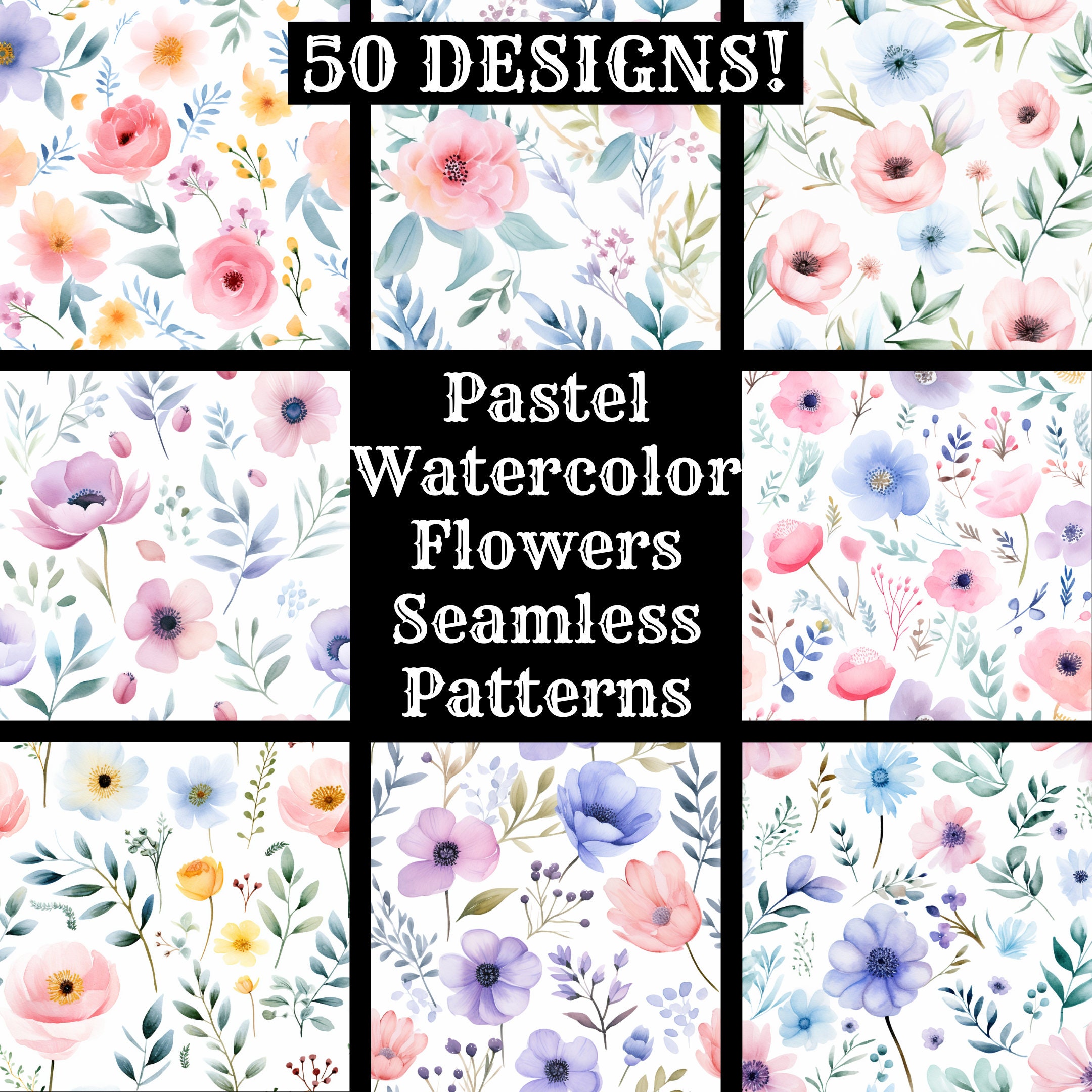 Pastel Watercolor Flowers Seamless Patterns: 50 PNG Digital Papers ...