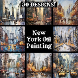 Carta per pittura a olio di New York, carta stampabile per pittura a olio di New York, pittura a olio vintage di New York, forniture per diario di pittura a olio di New York