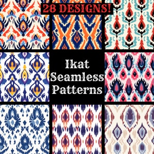 Può includere: Una collezione di nove motivi Ikat senza cuciture colorati. I motivi presentano vari disegni in tonalità di blu, arancione, rosso e viola. Il testo "28 DESIGNS!" e "Ikat Seamless Patterns" è visualizzato.