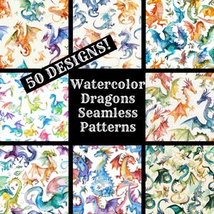 Watercolor Dragons Seamless Digital Paper, Printable Scrapbook Paper Seamless Textures, Digital Instant Download