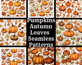 May include: 50 seamless patterns featuring pumpkins and autumn leaves in various colours and designs. The patterns are perfect for autumn-themed crafts, decorations, and projects.