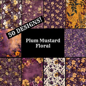 Può includere: Un collage digitale di 50 diversi motivi floreali in tonalità di prugna, giallo senape e crema. Il testo "50 DESIGNS!" e "Plum Mustard Floral" è visualizzato sul collage.