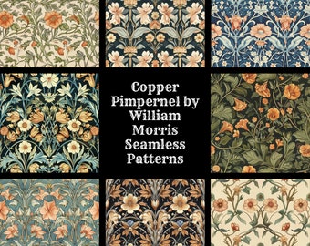 May include: A collage of nine floral patterns, featuring a variety of colors and designs. The patterns are all inspired by the work of William Morris, and are titled "Copper Pimpernel by William Morris Seamless Patterns".