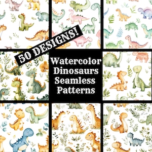 Puede incluir: Un conjunto de 9 patrones sin costuras de dinosaurios en acuarela. Los patrones presentan lindos dinosaurios en varios colores y poses, incluyendo verde, azul, naranja y rosa. Los patrones son perfectos para crear diseños divertidos y caprichosos para telas, papel tapiz, papel de regalo y más.
