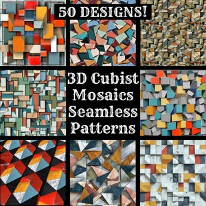 May include: A collection of 50 seamless 3D Cubist Mosaic patterns. The patterns feature geometric shapes in various colors, including red, blue, green, yellow, and white.