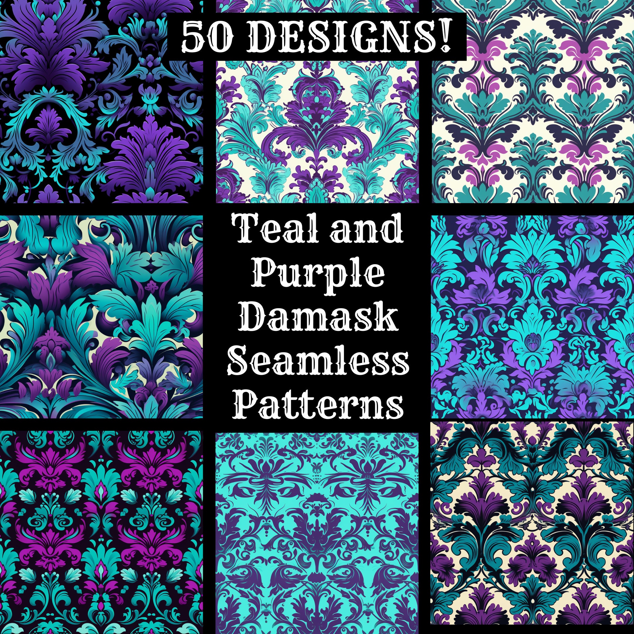 Teal and Purple Damask Seamless Patterns: 50 PNG Digital Papers ...