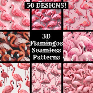 Op de afbeelding: Een set van 50 digitale naadloze patronen met 3D roze flamingo's. De patronen zijn perfect om unieke ontwerpen te maken voor stoffen, behang en andere creatieve projecten.  "3D Flamingos Seamless Patterns" staat in witte tekst op een zwarte achtergrond.