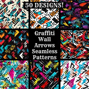 Könnte beinhalten: Ein Set aus 9 bunten nahtlosen Mustern mit Graffiti-Pfeilen. Die Muster sind in verschiedenen Farben gehalten, darunter Schwarz, Weiß, Rot, Blau, Gelb und Grün. Der Text "Graffiti Wall Arrows Seamless Patterns" befindet sich in der Mitte des Bildes.