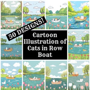 Cartoon Illustration of Cats in Row Boat Journal Paper, Printable Paper, Vintage Journal Supplies, Journal Inserts