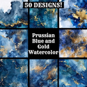 May include: 50 watercolor designs in shades of Prussian blue and gold. The designs feature abstract patterns with swirling, marbled effects.