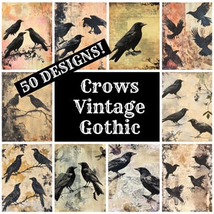 May include: A collage of 50 vintage crow designs in black and white on a variety of backgrounds. The text "Crows Vintage Gothic" is in the center of the image.