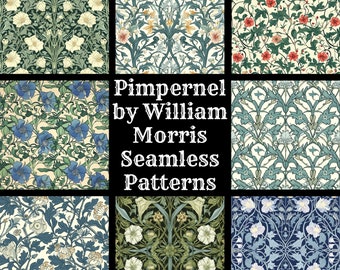 May include: A collage of 50 seamless patterns featuring floral designs in shades of blue, green, and white. The patterns are titled "Pimpernel by William Morris Seamless Patterns".