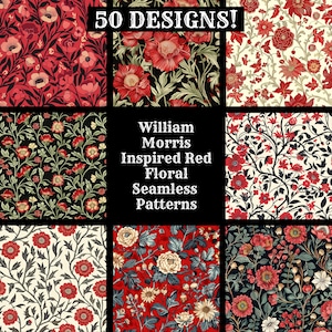 William Morris geïnspireerde rode bloemen naadloos digitaal papier, afdrukbaar plakboek naadloze texturen, digitale Instant Download