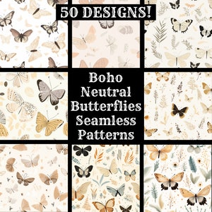Boho neutrale vlinders naadloos digitaal papier, afdrukbaar plakboekpapier naadloze texturen, digitale Instant Download Boho vlinders