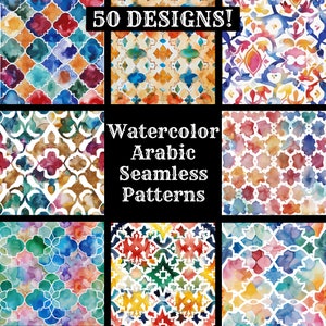 Puede incluir: Un conjunto de 50 patrones árabes sin costuras en acuarela. Los patrones son coloridos y presentan diseños geométricos. El texto "Watercolor Arabic Seamless Patterns" se muestra en el centro de la imagen.