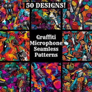 May include: A set of 50 colorful, seamless patterns featuring microphones and graffiti designs. The patterns are perfect for creating unique backgrounds, textiles, and other creative projects.