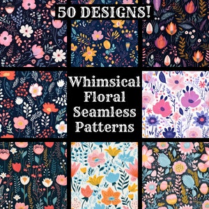 Whimsical Floral Seamless Digital Paper, Printable Scrapbook Paper Seamless Textures, Instant Download, Commercial Use Floral Background