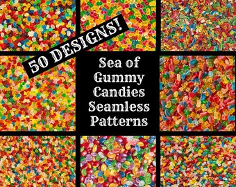 Gummy Candies Seamless Pattern: 50 PNG Digital Papers (Digital Download)