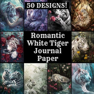 Romantic White Tiger Journal Paper: Vintage Scrapbook Inserts (PNG Digital Download)