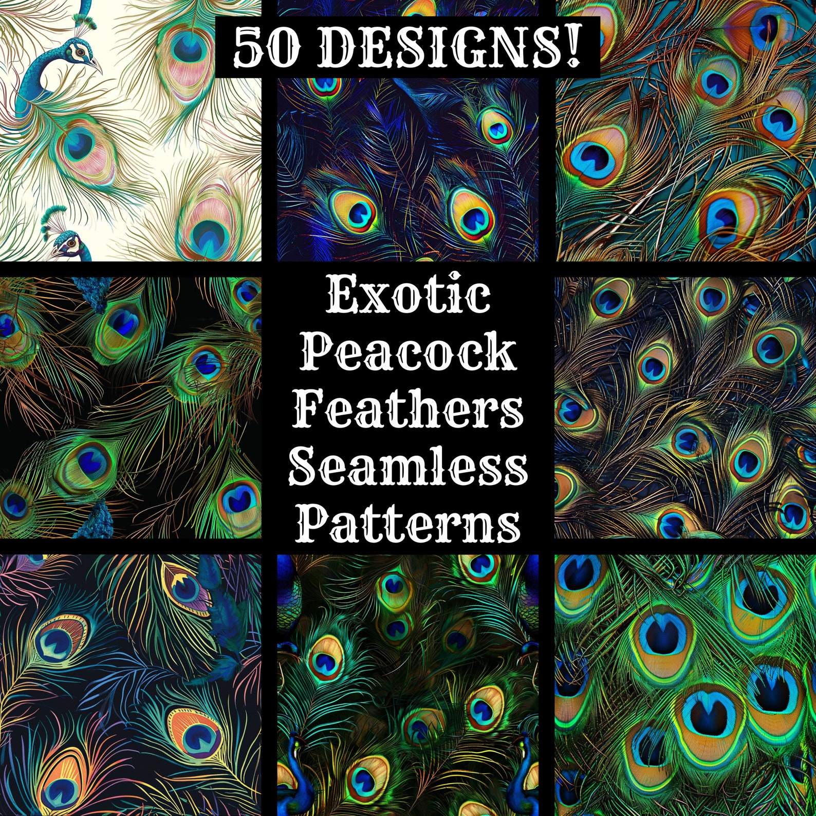 Exotic Peacock Feathers Seamless Patterns: Digital Scrapbook Paper ...