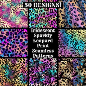Puede incluir: 50 patrones sin costuras de estampado de leopardo iridiscente y brillante. Los patrones son en tonos de rosa, azul, verde y dorado.