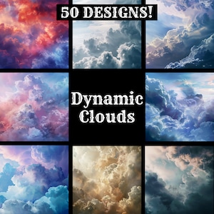 May include: A collage of nine images showcasing 50 different designs of dynamic clouds. The clouds are in various shades of blue, pink, white, and gray, creating a sense of movement and depth.