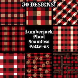 Puede incluir: 50 patrones sin costuras de cuadros de leñador diferentes en rojo, negro, blanco y marrón. Los patrones incluyen veta de madera, pinos y tablones de madera.