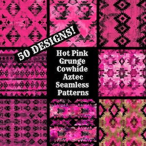 May include: 50 Designs! Hot Pink Grunge Cowhide Aztec Seamless Patterns. A digital collage of nine seamless patterns featuring pink and black geometric designs.