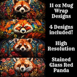 Vidrieras Red Panda 11 oz Mug Wrap Bundle 4 Pack Mug Wrap Diseños de sublimación Taza PNG, Descarga instantánea, Vidrieras Red Panda Mug