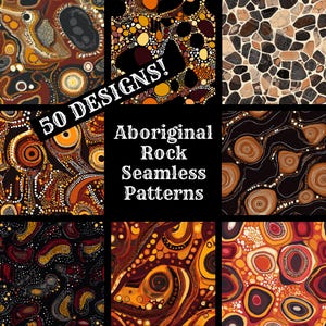May include: A collection of 50 seamless patterns inspired by Aboriginal rock art. The patterns feature a variety of colours, including red, orange, yellow, brown, and black. The patterns are abstract and geometric, and they are perfect for use in a variety of design projects.