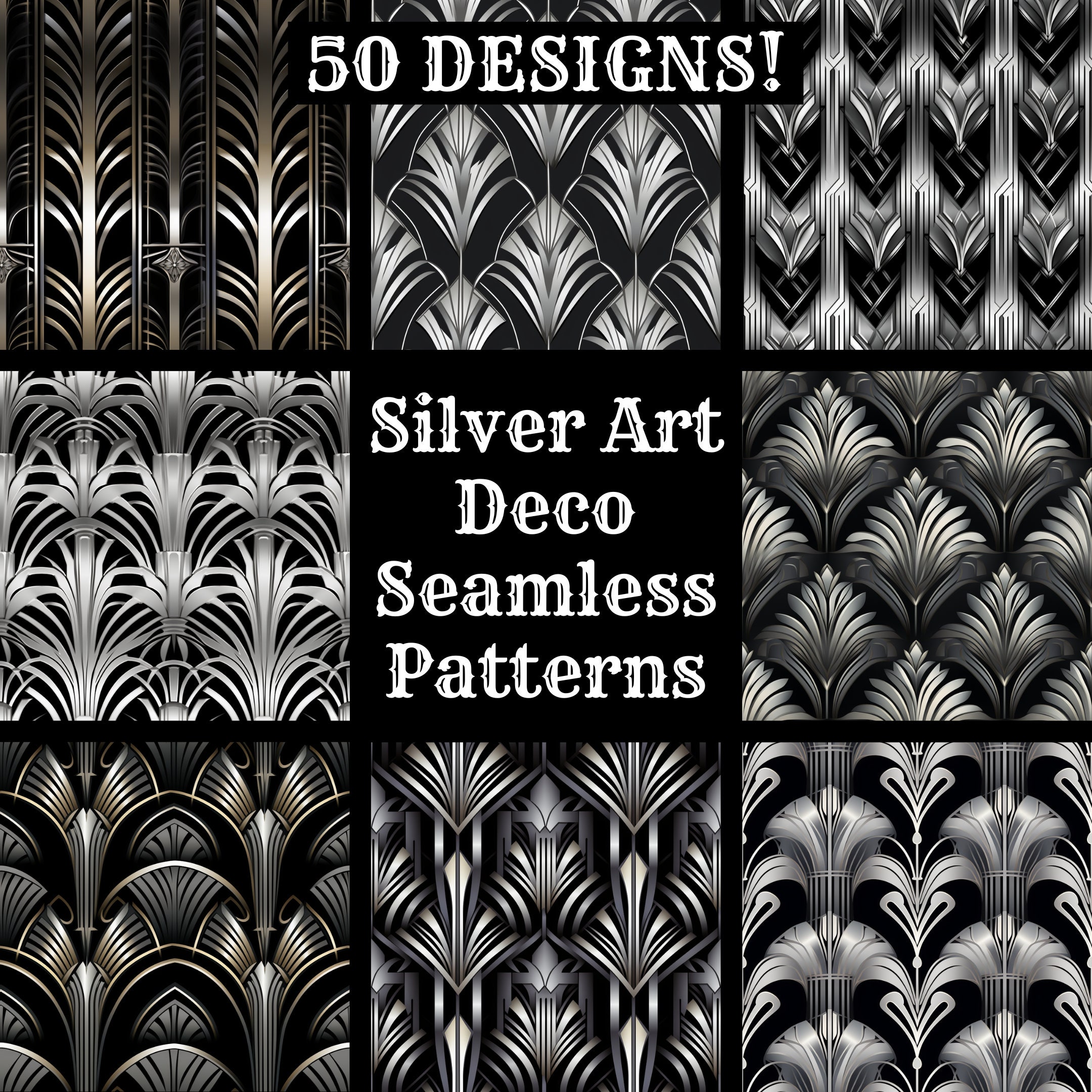 Silver Art Deco Seamless Patterns: Printable Digital Paper (digital ...