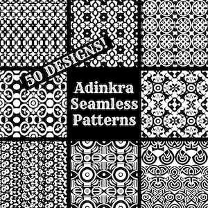 May include: A set of nine black and white Adinkra seamless patterns. The patterns are geometric and abstract, and they are arranged in a grid. The text "50 Designs!" is in a white banner at the top of the image. The text "Adinkra Seamless Patterns" is in a white banner at the bottom of the image.