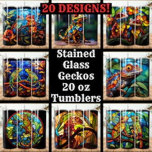 Stained Glass Geckos Tumbler Wrap Bundle 20 Pack 20 oz Skinny Tumbler Sublimation Designs Straight Tapered Tumbler PNG, Instant Download