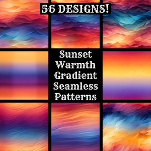 May include: 56 seamless gradient patterns in sunset warmth colours. The patterns feature a wavy, layered design in shades of orange, yellow, pink, purple, and blue.