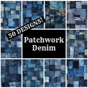 May include: A collage of 50 different patchwork denim designs. Each design features a unique combination of blue denim squares sewn together.
