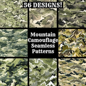 May include: A set of 9 digital seamless camouflage patterns in shades of green, brown, and white. The patterns are inspired by mountain terrain and are perfect for use in design projects. The text "56 DESIGNS!" and "Mountain Camouflage Seamless Patterns" is displayed on the image.