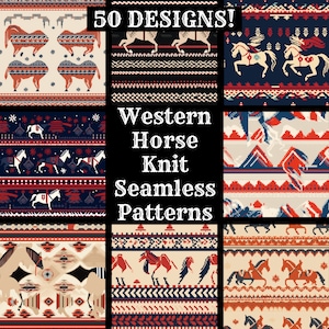 May include: A collage of 50 western horse knit seamless patterns. The patterns are in red, blue, white, and black. The patterns feature horses, stars, snowflakes, and geometric designs. The text "Western Horse Knit Seamless Patterns" is in the center of the collage.