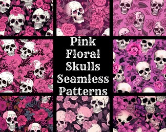 Pink Floral Skulls Seamless Pattern: Digital Scrapbook Paper (PNG)
