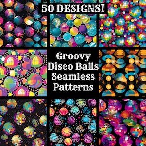 May include: A set of 9 digital seamless patterns featuring colorful disco ball designs. The patterns are perfect for adding a retro vibe to any project.