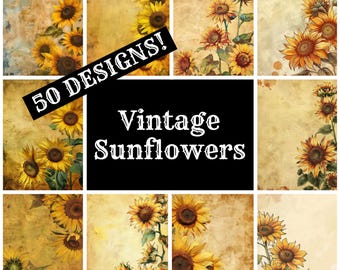 May include: A collage of 12 vintage-style images featuring sunflowers on a textured background. The text "50 DESIGNS! Vintage Sunflowers" is superimposed on the images.