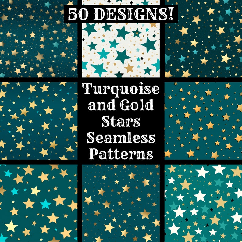 Turquoise Pattern Stars Turquoise and Gold Stars Seamless Patterns: Scrapbook Paper (digital ...