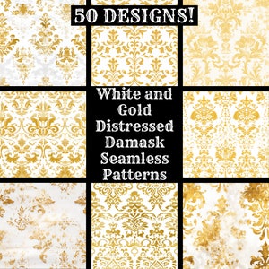 White and Gold Distressed Damask Seamless Digital Paper, Printable Scrapbook Paper Seamless Textures, Instant Download, Commercial Use Wrap