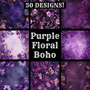 Könnte beinhalten: Eine digitale Collage mit 50 violetten Blumenmustern im Boho-Stil. Die Designs zeigen verschiedene Blumenmuster, darunter Aquarell- und Grafik-Stile, in einem violetten und weißen Farbschema.